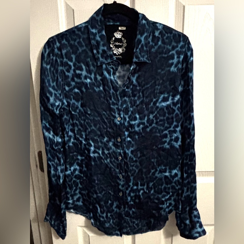 Cino | Button Down Blouse Blue Leopard Viscose Top Sz M
